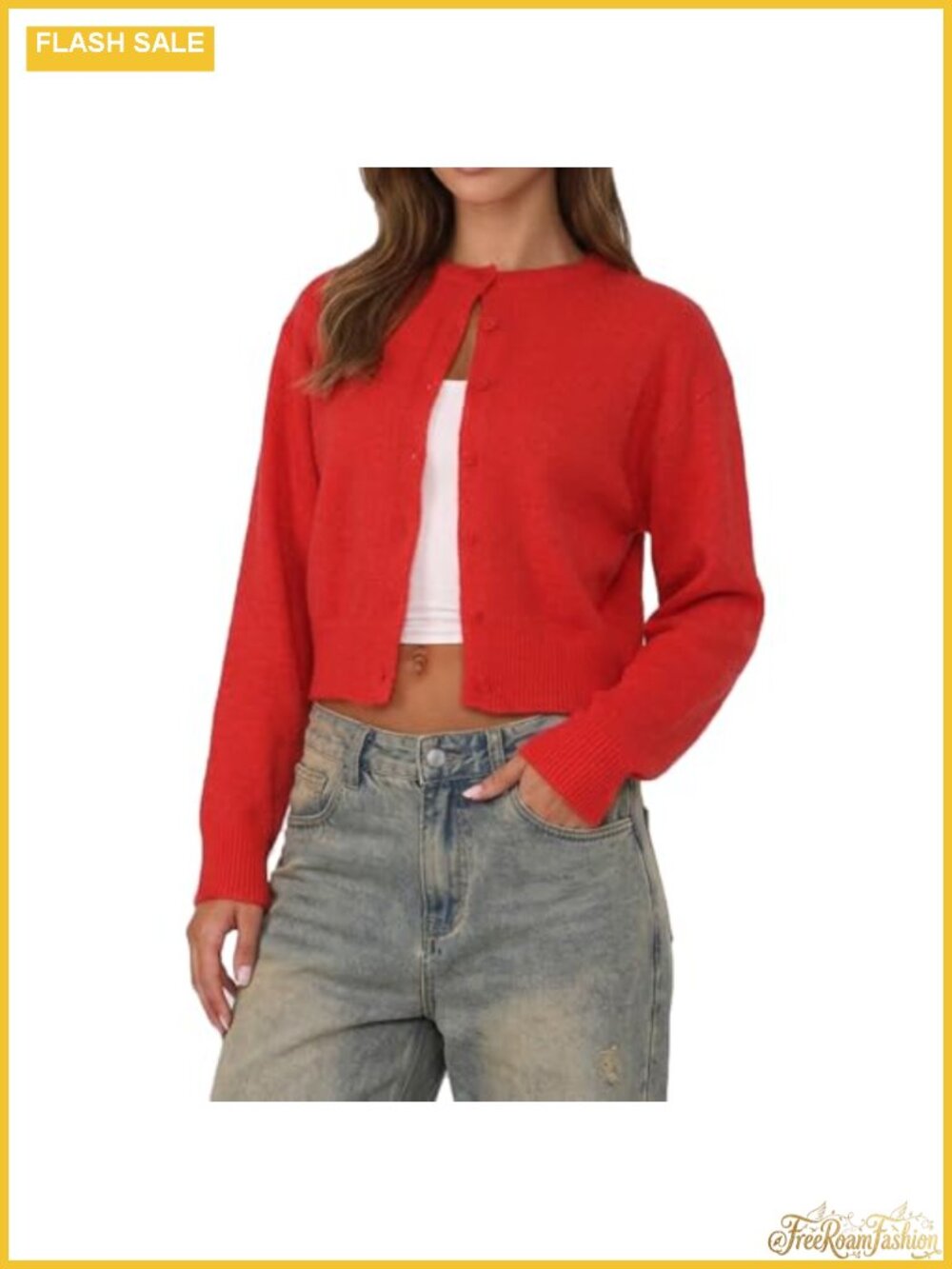 Y2K Button Front Crop Cardigan Crew Neck Long Sleeve Knit Sweater